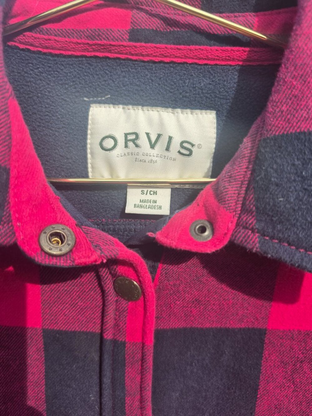Orvis Ladies Pink Navy Buffalo Plaid Fleece Lined Snap Front Shirt Jacket Small